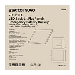 SATCO 65/575 ColorQuick LED Emergency Backlit Flat Panel 40W 2X2 Foot Selectable CCT 100-277V