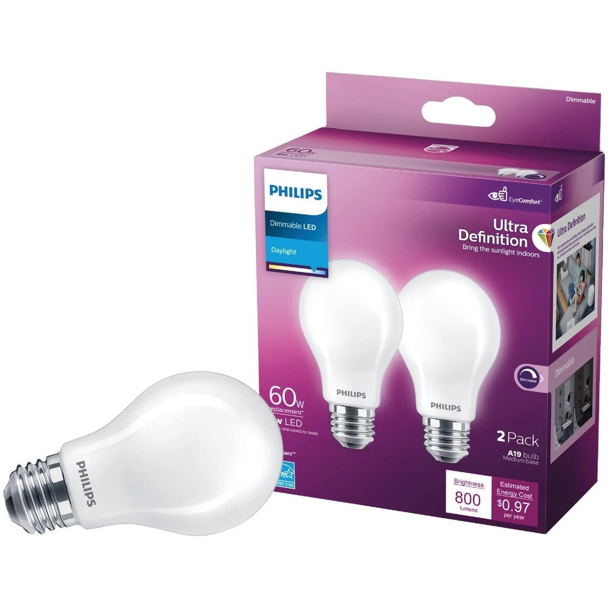 PHILIPS Philips 573444 LED Filament Bulb A19 8W (2-Pack)