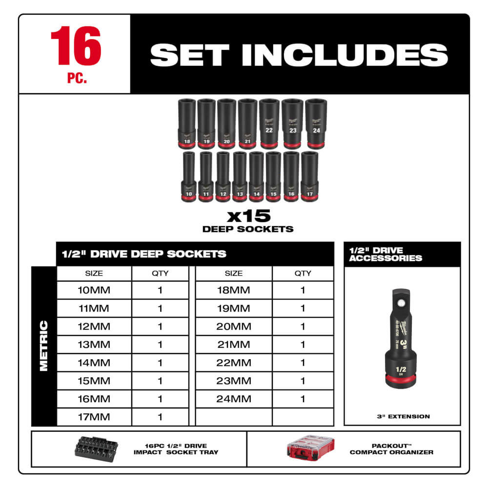 MILWAUKEE Milwaukee Tool 49-66-6803 Impact Socket Set 16pc 1/2 in