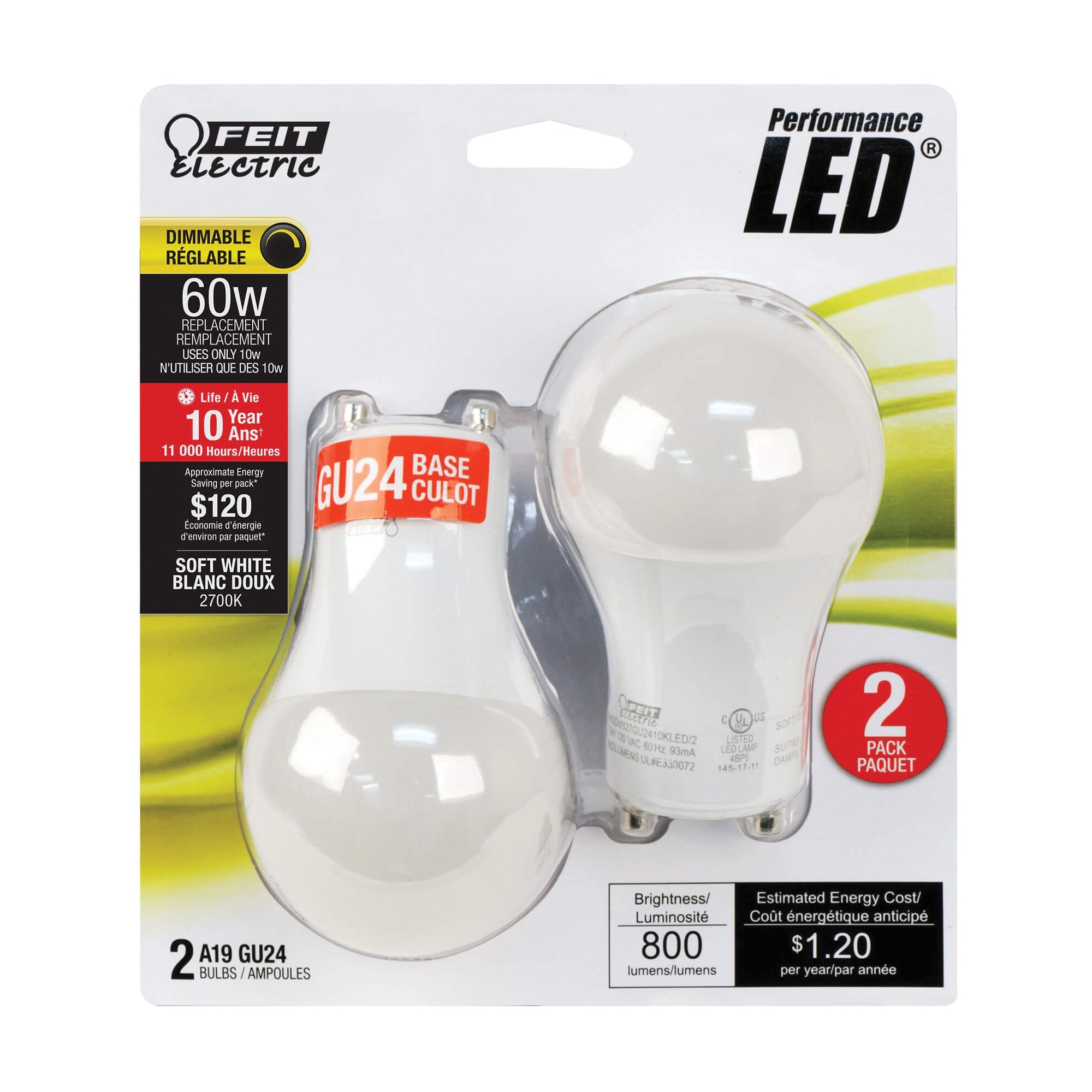 FEIT ELECTRIC Feit Electric A60DM827GU2410KLED/2 A19 Led Bulb Gu24 Base 10W (2 Pack, 240 Degree) FA60DM827GU2410K2