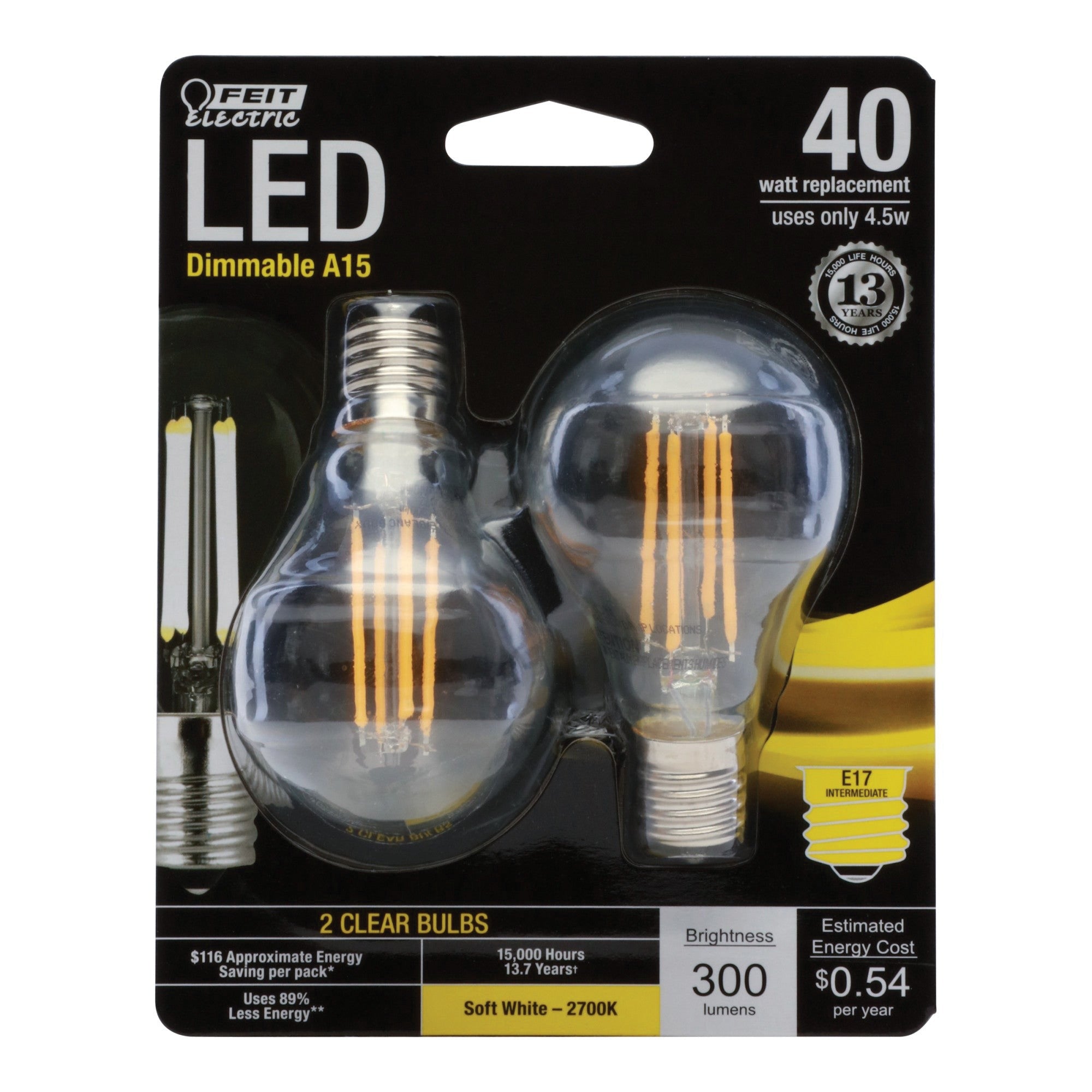 FEIT ELECTRIC Feit Electric BPA1540N/827/LED/2 Decorative Glass Filament A15 4.5W (Pack of 2) 40W