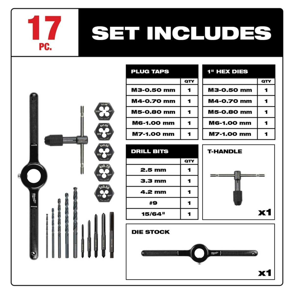 Milwaukee Tool 49-22-5601 Tap/Die Set Metric 17 Piece