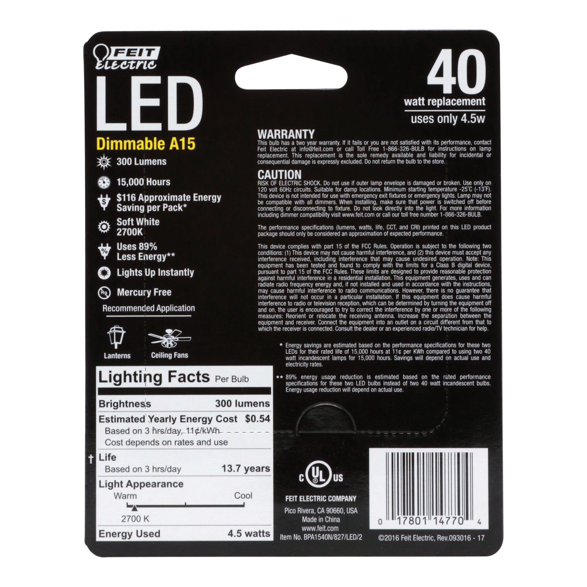 FEIT ELECTRIC Feit Electric BPA1540N/827/LED/2 Decorative Glass Filament A15 4.5W (Pack of 2) 40W