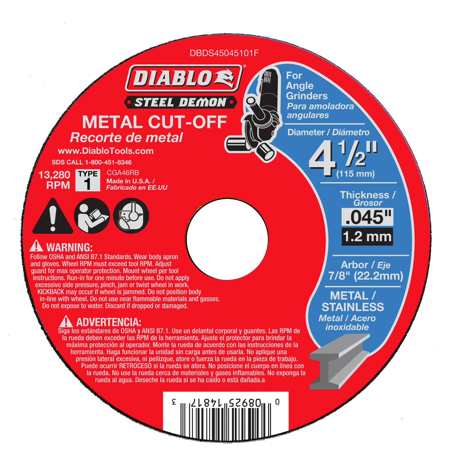 DIABLO Diablo DBDS45045101F Steel Demon metal cut-off disc 4-1/2 in x 0.045 in x 7/8 in pack 1