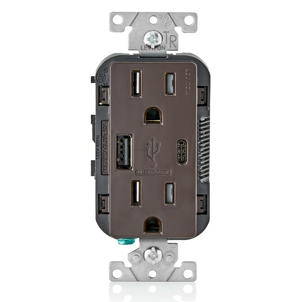 Leviton T5633-B Combination Duplex Receptacle/Outlet and USB Charger, 15 Amp, 125 Volt, Brown