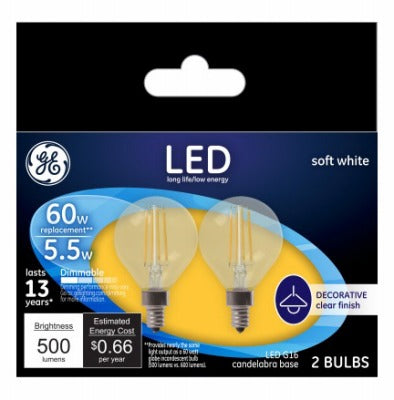 GE Ge Lighting 24547 Led Decorative Bulb 5.5W G16 Candelabra Base 2 Pack