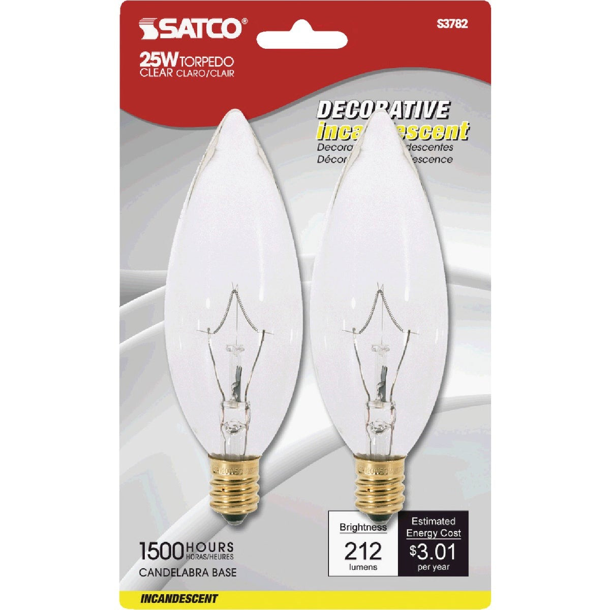 SATCO-NUVO Satco S3782 25W Torpedo Incandescent Candelabra Bulb 2-pack
