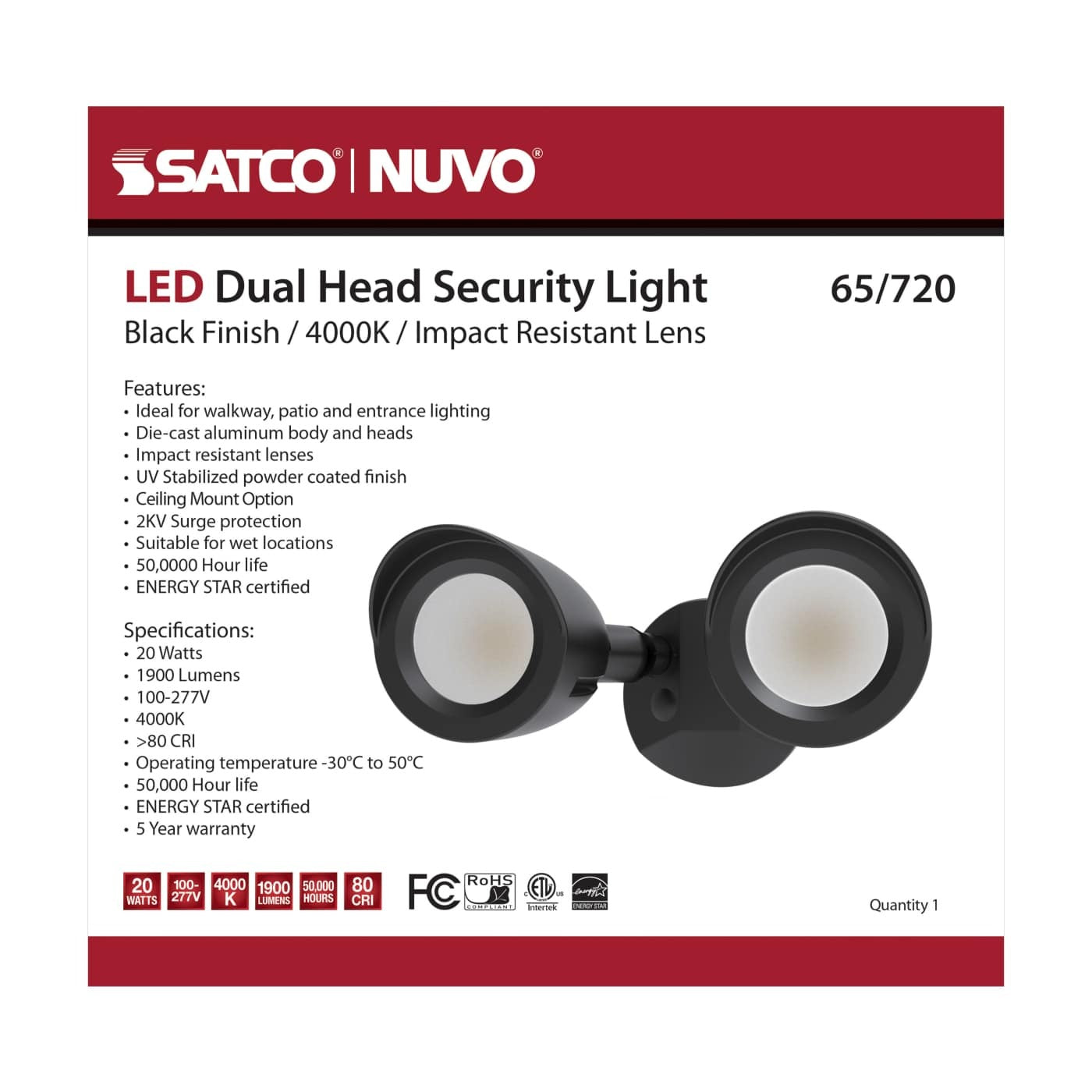 SATCO-NUVO Satco-Nuvo 65-720 Dual Head Hardwired Socket Non-Dimmable LED Security Light 20W (2-Lamp)