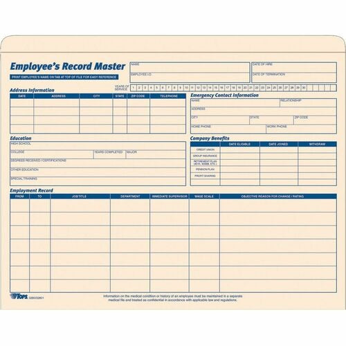 TOPS Tops TOP3280 Employee Record File Jackets Pack of 20