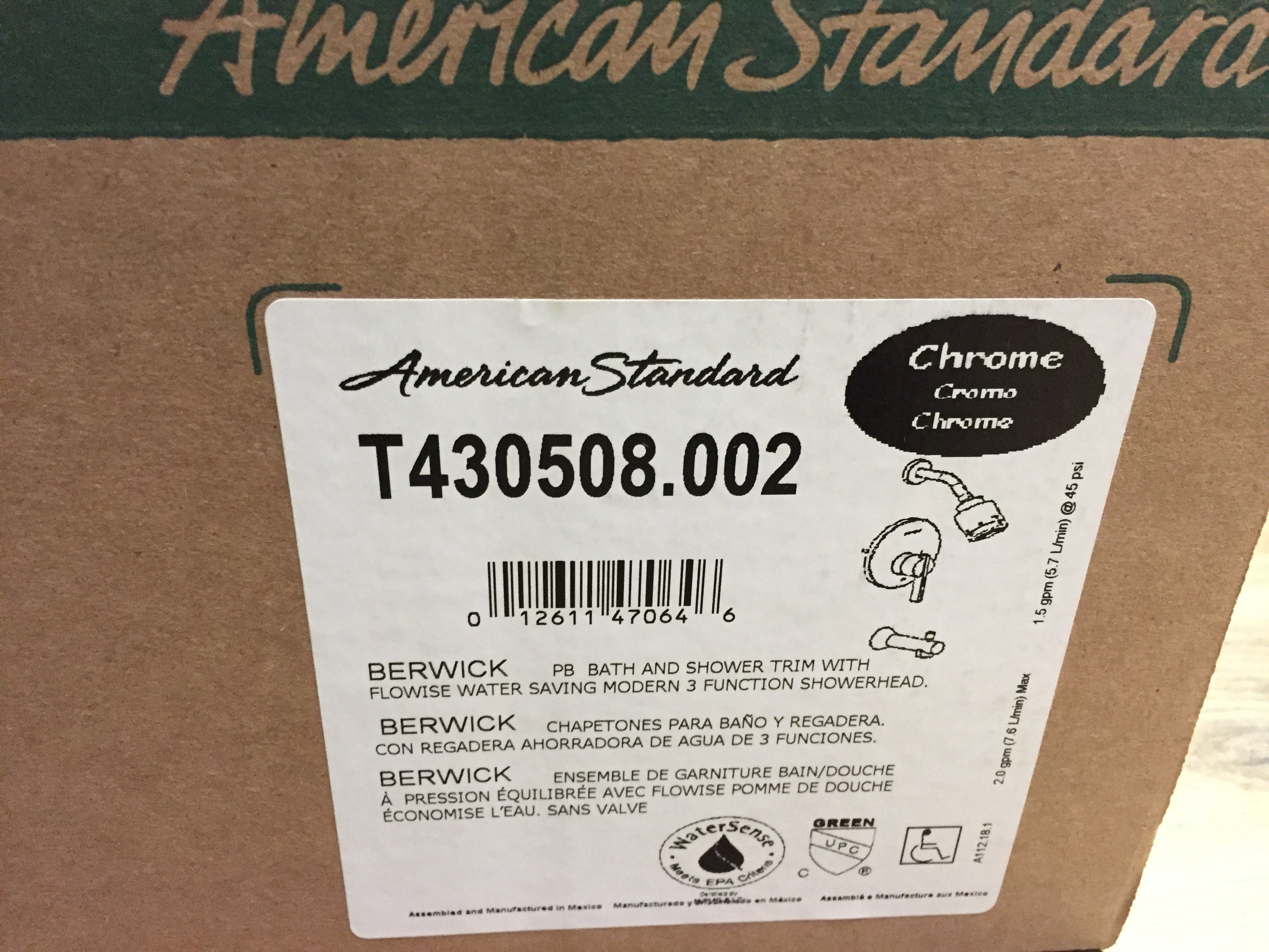 AMERICAN STANDARD T430508.002 BERWICK CHROME PRESSURE BALANCE BATH AND SHOWER TRIM WITH FLOWISE WATER SAVING 3 FUNCTION SHOWERHEAD