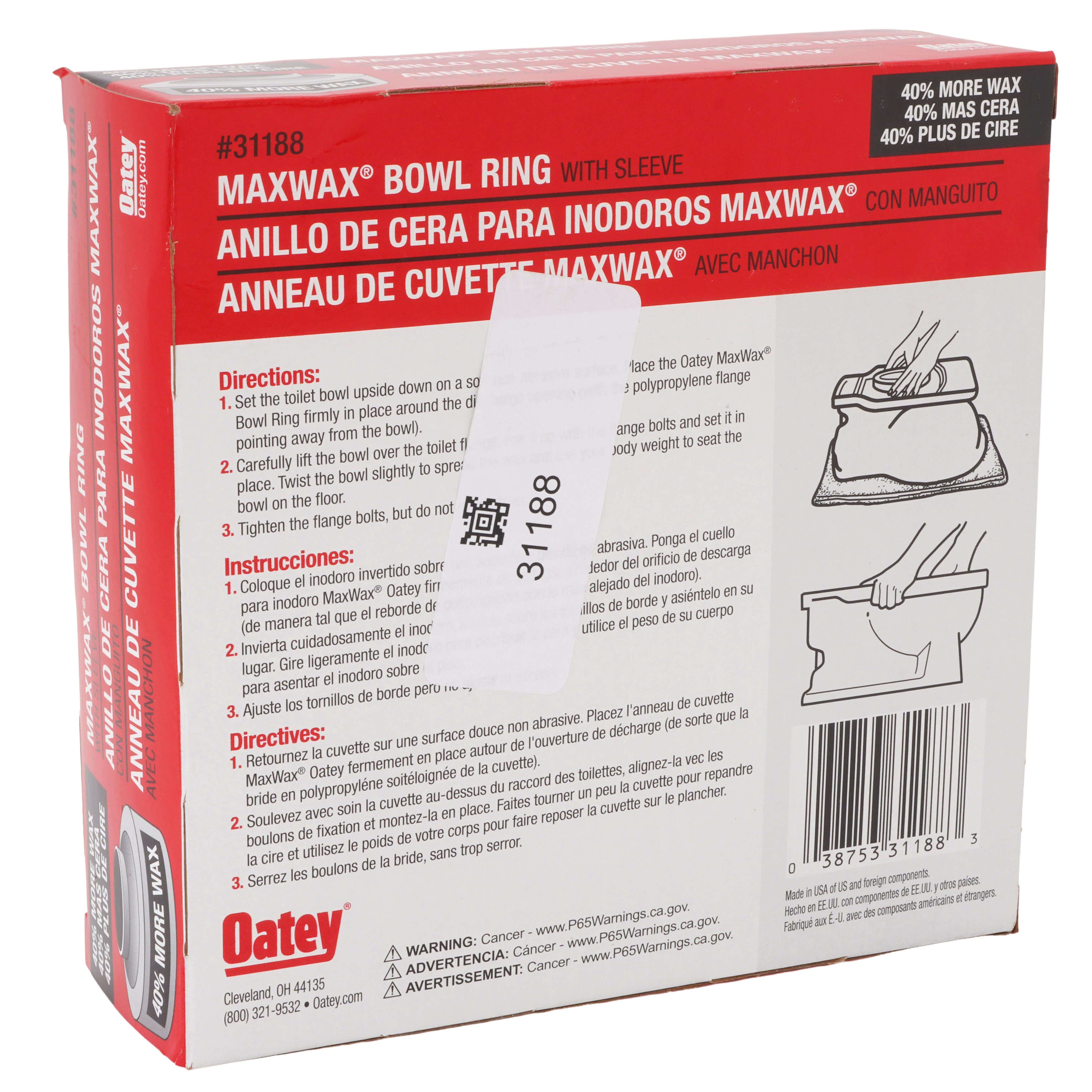 Oatey 31188 MaxWax Wax Ring with Horn for 3 or 4 in Waste Lines