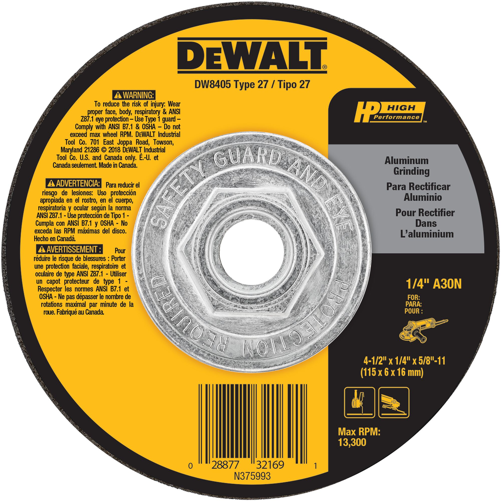 DeWalt DW8405 Aluminum Grinding Wheel 4-1/2in x 1/4in x 5/8in-11