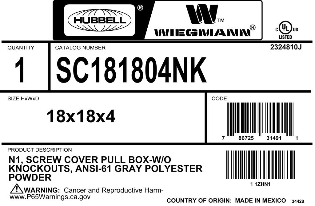 WIEGMANN Wiegmann SC181804NK NEMA 1 Screw-Cover Enclosure (18 x 18 x 4 in)