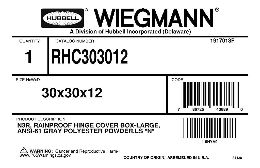 WIEGMANN Wiegmann RHC303012 unflanged hinged cover wallmount medium enclosure (30 x 30 x 12 in)