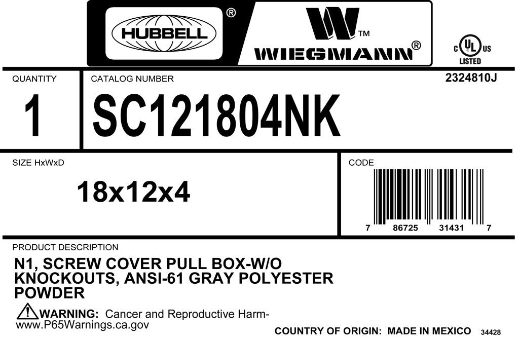 WIEGMANN Wiegmann SC121804NK N1 Screw Cover (12 x 18 x 4)