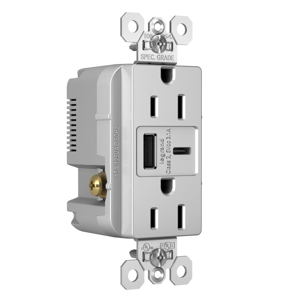 LEGRAND Legrand TR15USBACGRY 15A 125V Duplex Tamper-Resistant Receptacle with USB-A and USB-C (1 Pack)