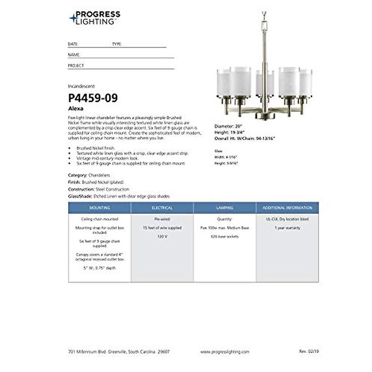 PROGRESS LIGHTING Progress Lighting P4459-09 Alexa 5-100W (20 in diameter, 95 in length) PP445909