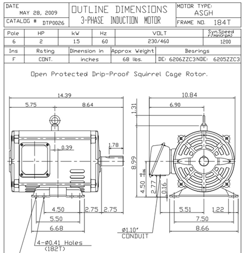 TECO-WESTINGHOUSE Teco-Westinghouse DTP0026 Rolled steel 2 HP 1200 RPM 208/230/460V 3 phase ODP 184T frame premium AC induction motor