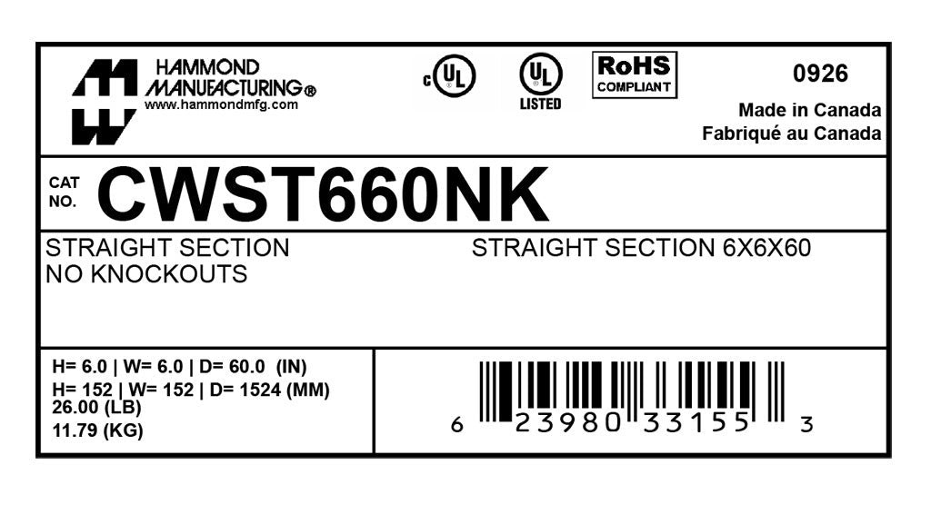 HAMMOND Hammond CWST660NK Straight section w/o KO (6 x 6 x 60)
