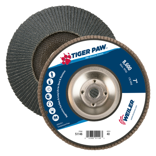 WEILER Weiler 51146 Tiger Paw High Performance Flap Disc 8600 rpm (7 in / 10 per pack / Type 29)