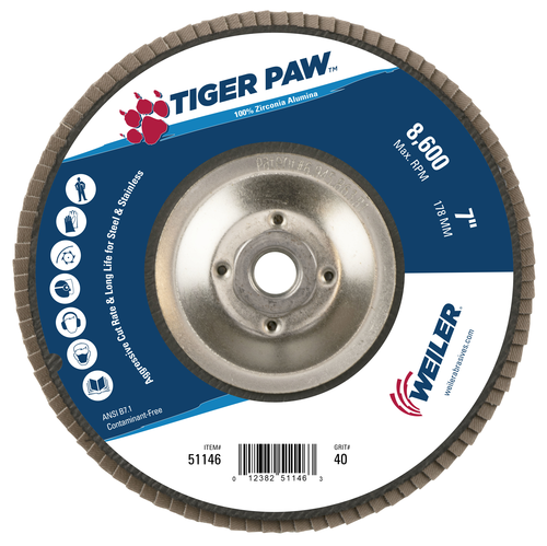 WEILER Weiler 51146 Tiger Paw High Performance Flap Disc 8600 rpm (7 in / 10 per pack / Type 29)