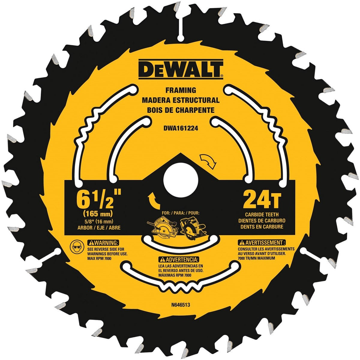 DEWALT Dewalt DWA161224 6-1/2 in 24 Tooth Carbide Tipped Circular Saw Blade (5/8 in Arbor)