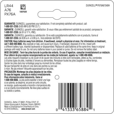 DURACELL Duracell 76AB4PK Specialty Alkaline Battery 1.5 V (76A/LR44, 4 Pack)