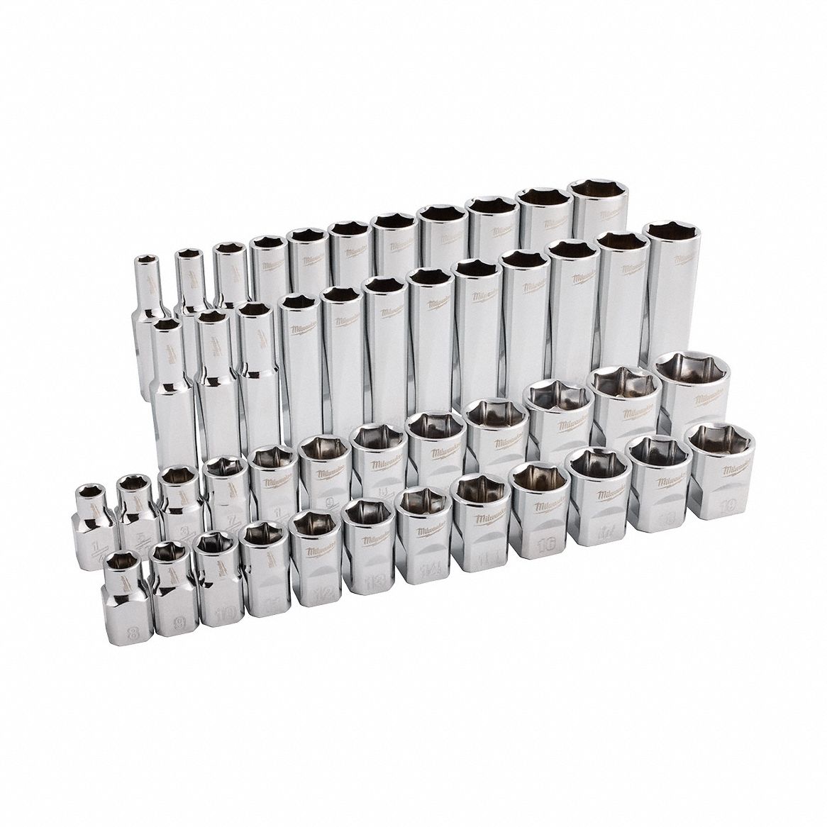 MILWAUKEE Milwaukee 48-22-9285 3/8 in drive 6-point and 12-point metric and SAE ratchet and socket set 98-piece with PACKOUT low-profile organizer