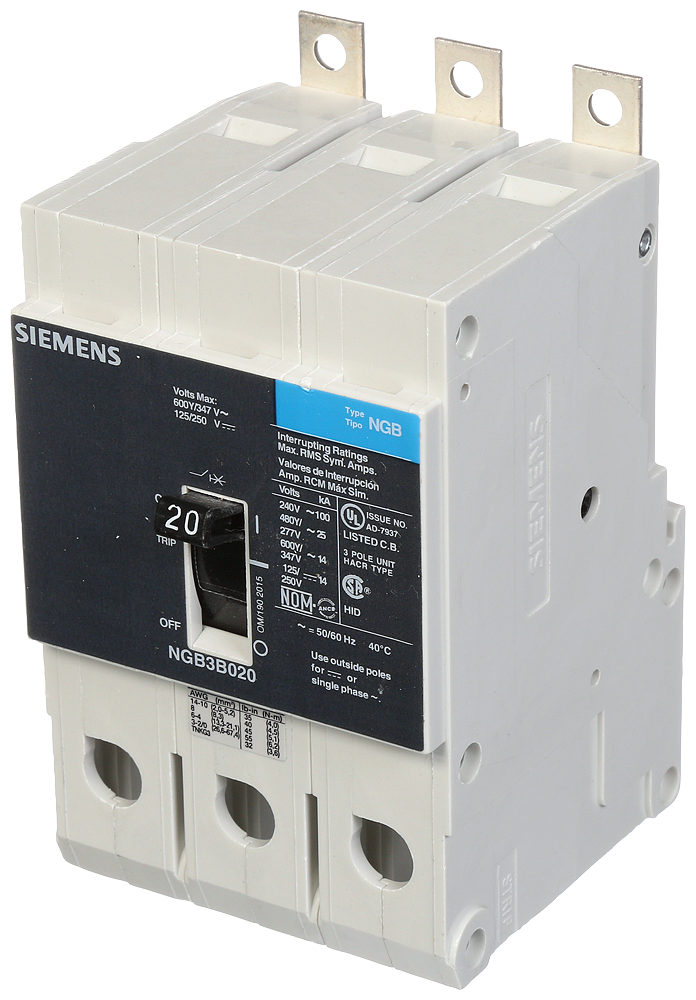 Siemens NGB3B020B 3-Pole 20 Amp 600 Volt 14 kA Molded Case Circuit Breaker