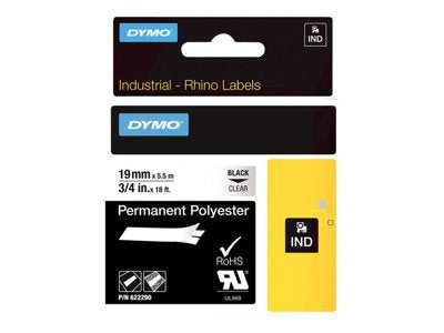 DYMO 622290 Industrial Rhino Permanent Polyester Label Cartridge 3/4 in W x 18 ft L Black Print on Clear Background