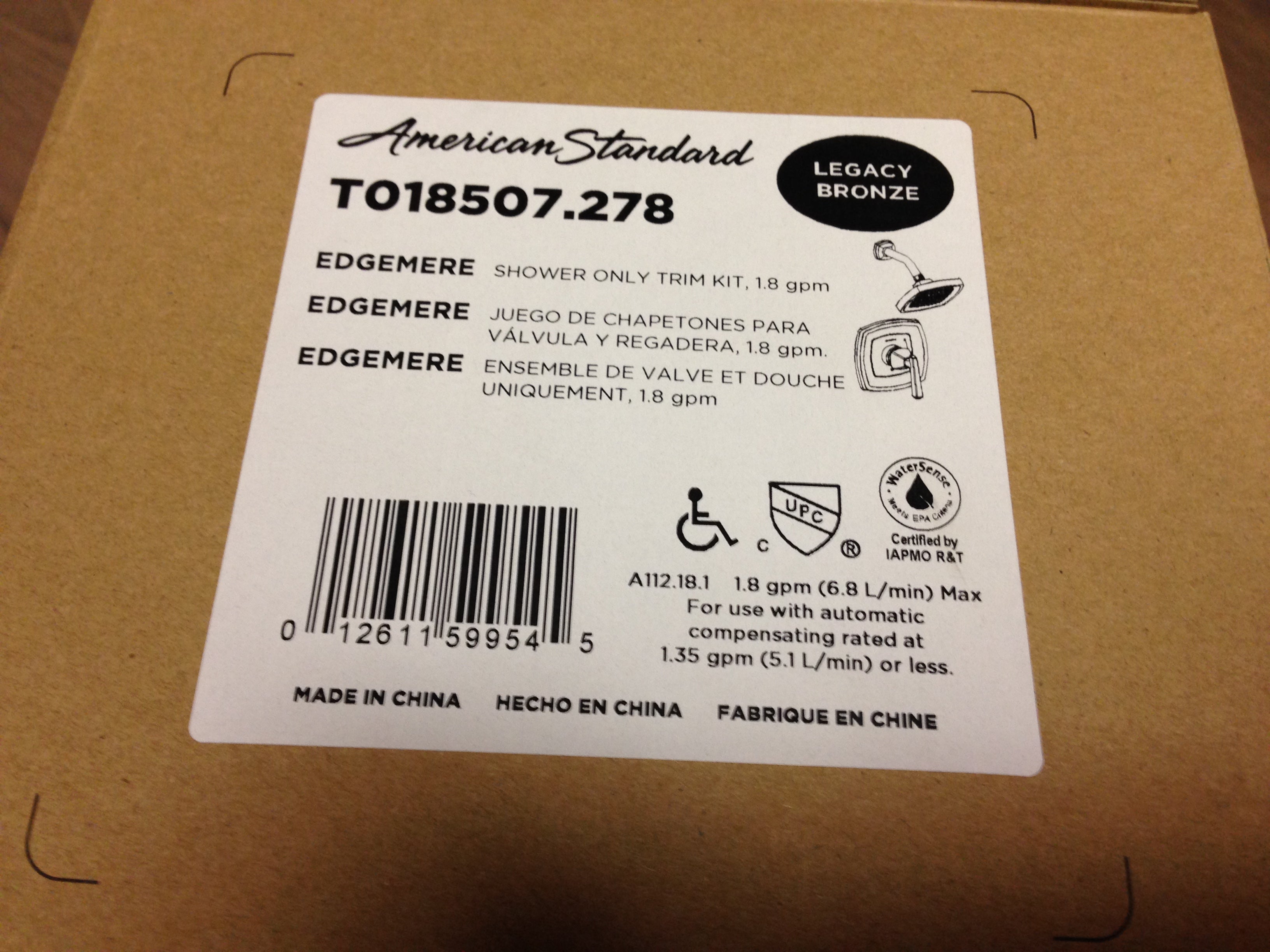 American Standard T018507.278 Edgemere Shower Only Trim Kit 1.8 GPM Legacy Bronze