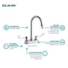 Elkay LK406GN05T4 Lavatory Faucet Deck Mount 4 Inch Spread 2 Wrist Blade ADA 5IN Gooseneck 2 Hole