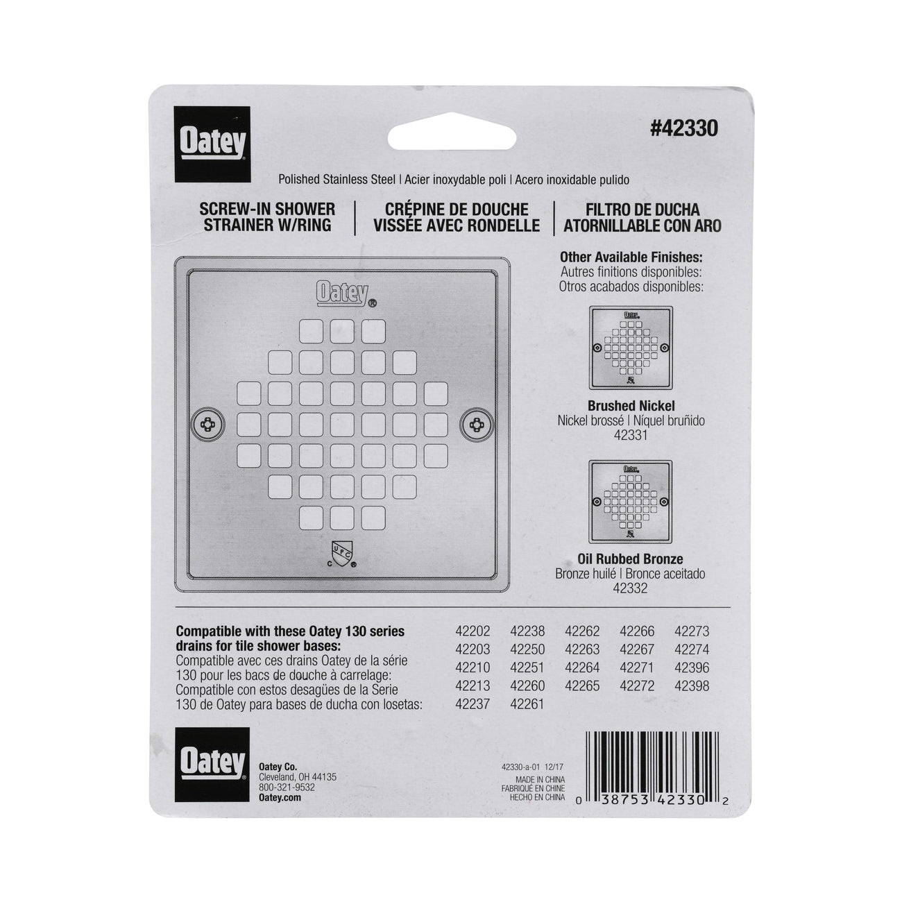 Oatey 42330 130 Series Square Screw-In Strainer With Ring, 4.26 in L x 4.26 in W, 304 Stainless Steel, Polished Stainless Steel