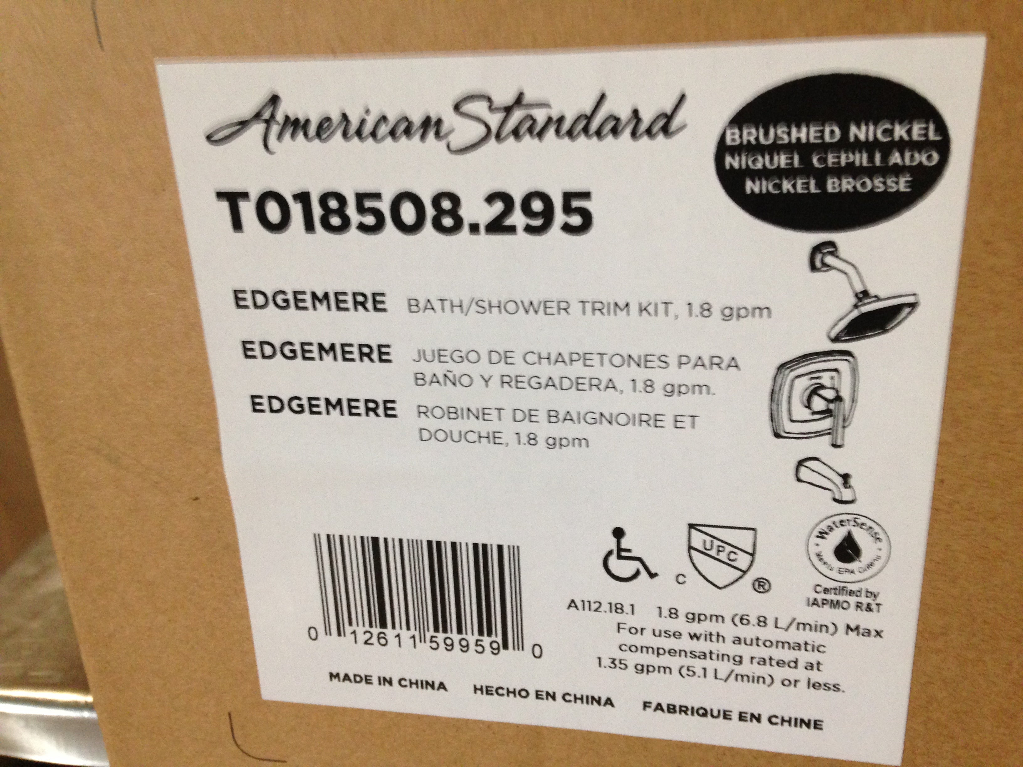 American Standard T018508.295 Edgemere Bath/Shower Trim Kit 1.8 GPM