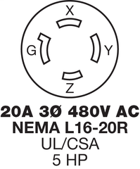 Hubbell HBL27W76 20 Amp 480 Volt 3-Pole 4-Wire NEMA L16-20R Yellow Locking Connector