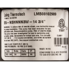 Laing Thermotech 10-0102-K Pump E5 115v/230v 3/4B 4ft Cord OEM Replacement