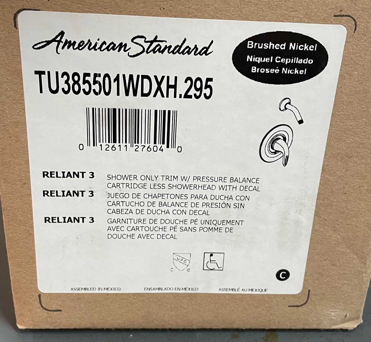 American Standard TU385501WDXH.295 Reliant 3 Brushed Nickel Shower Only Trim with Pressure Balance Cartridge Less Showerhead