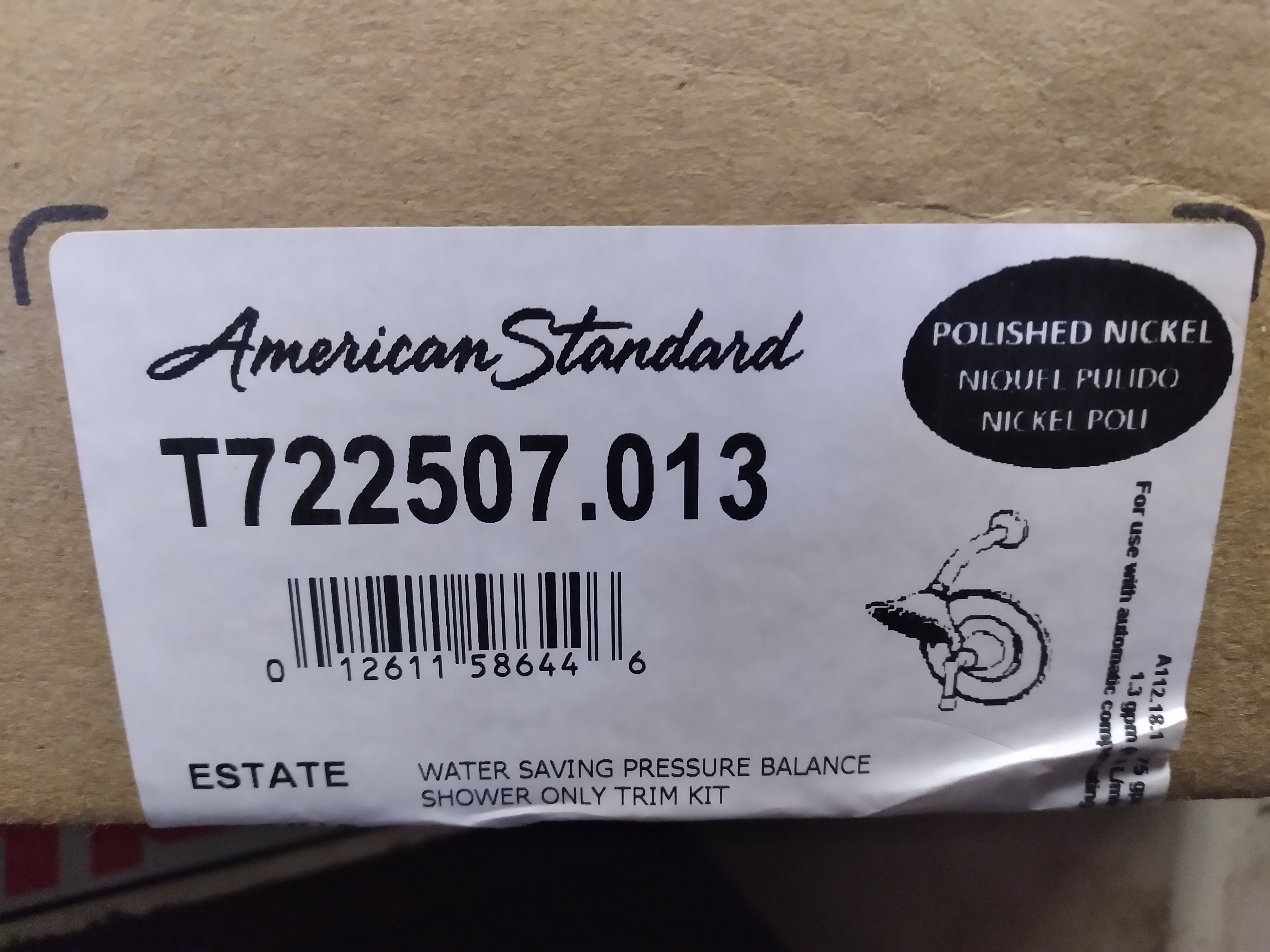 American Standard T722507.013 Estate Polished Nickel Pressure Balanced Shower Only Trim With Shower Head Less Valve