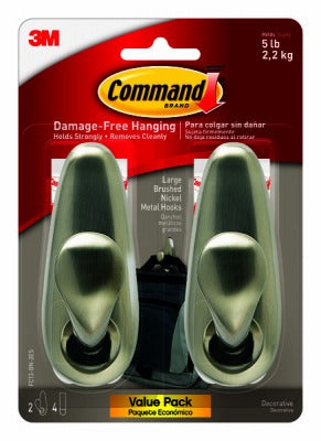 3M 3M FC13-BN-2ES Command Large Brushed Nickel Metal Hooks 2pk