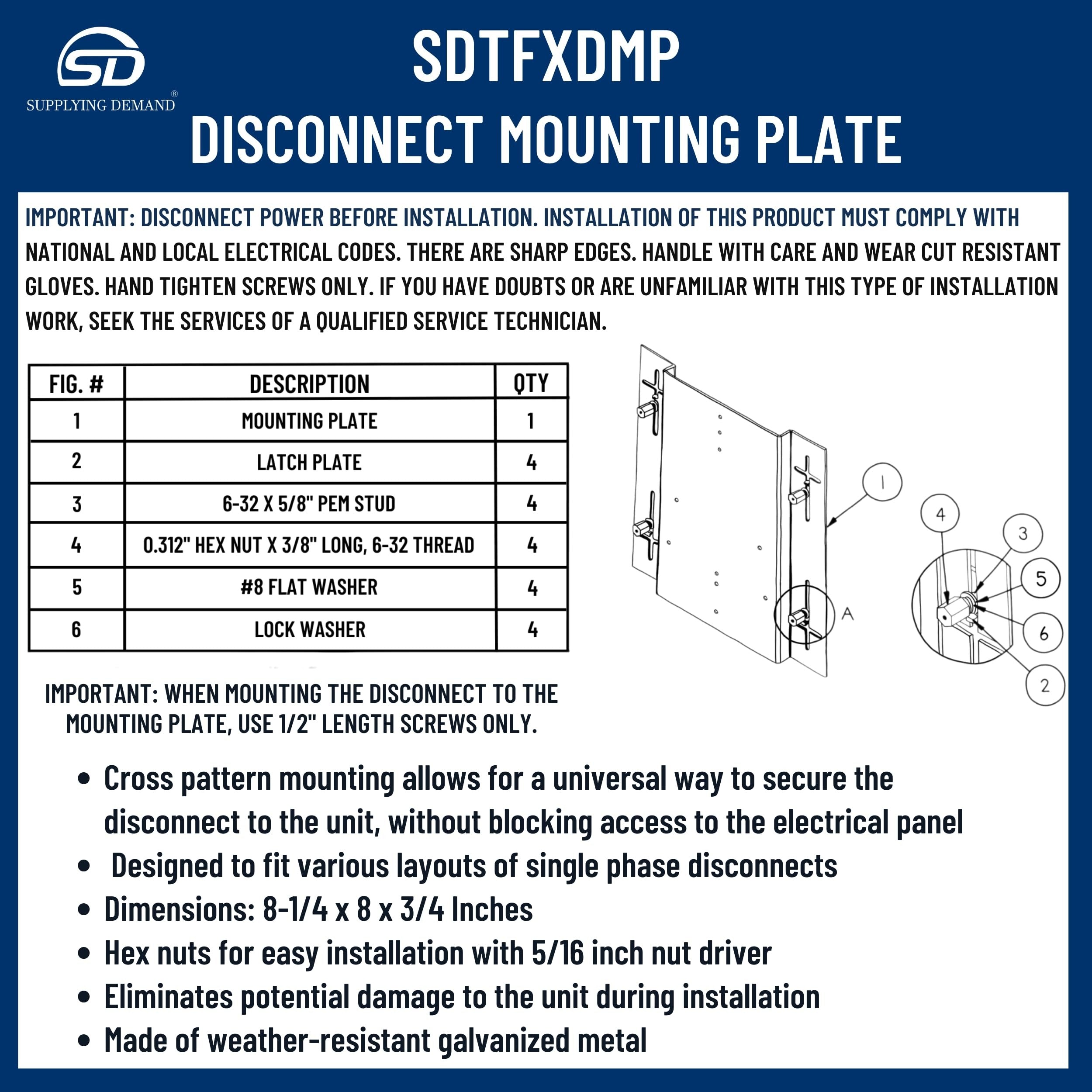 HEATINGVARIOUSMFG-GENERIC Supplying Demand TFXDMP Hvac Disconnect Mounting Plate