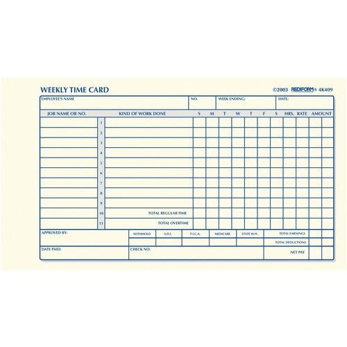 REDIFORM Rediform RED4K409 Weekly Time Card Pad 100 Cards