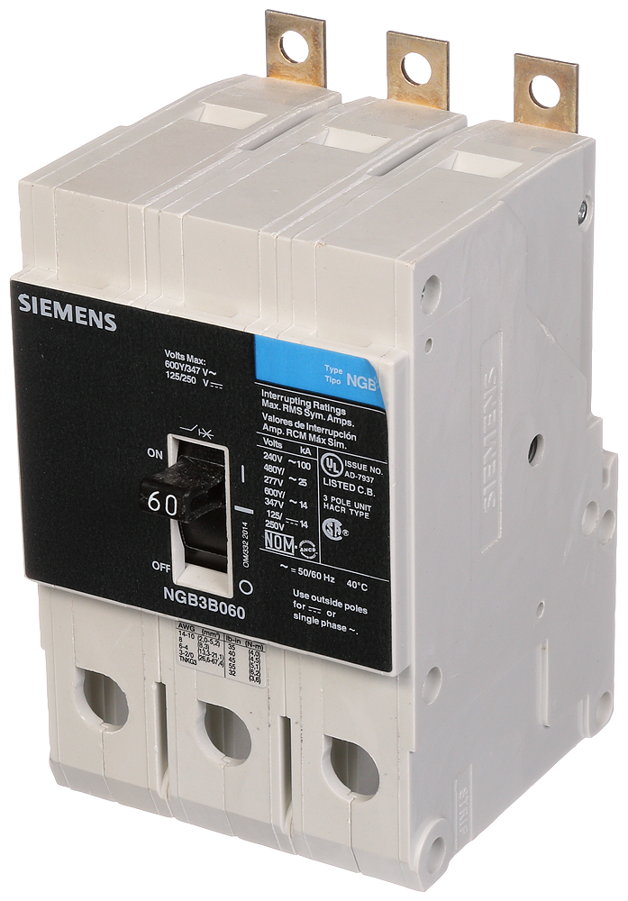 Siemens NGB3B060B 3-Pole 60 Amp 600 Volt 14 kA Molded Case Circuit Breaker