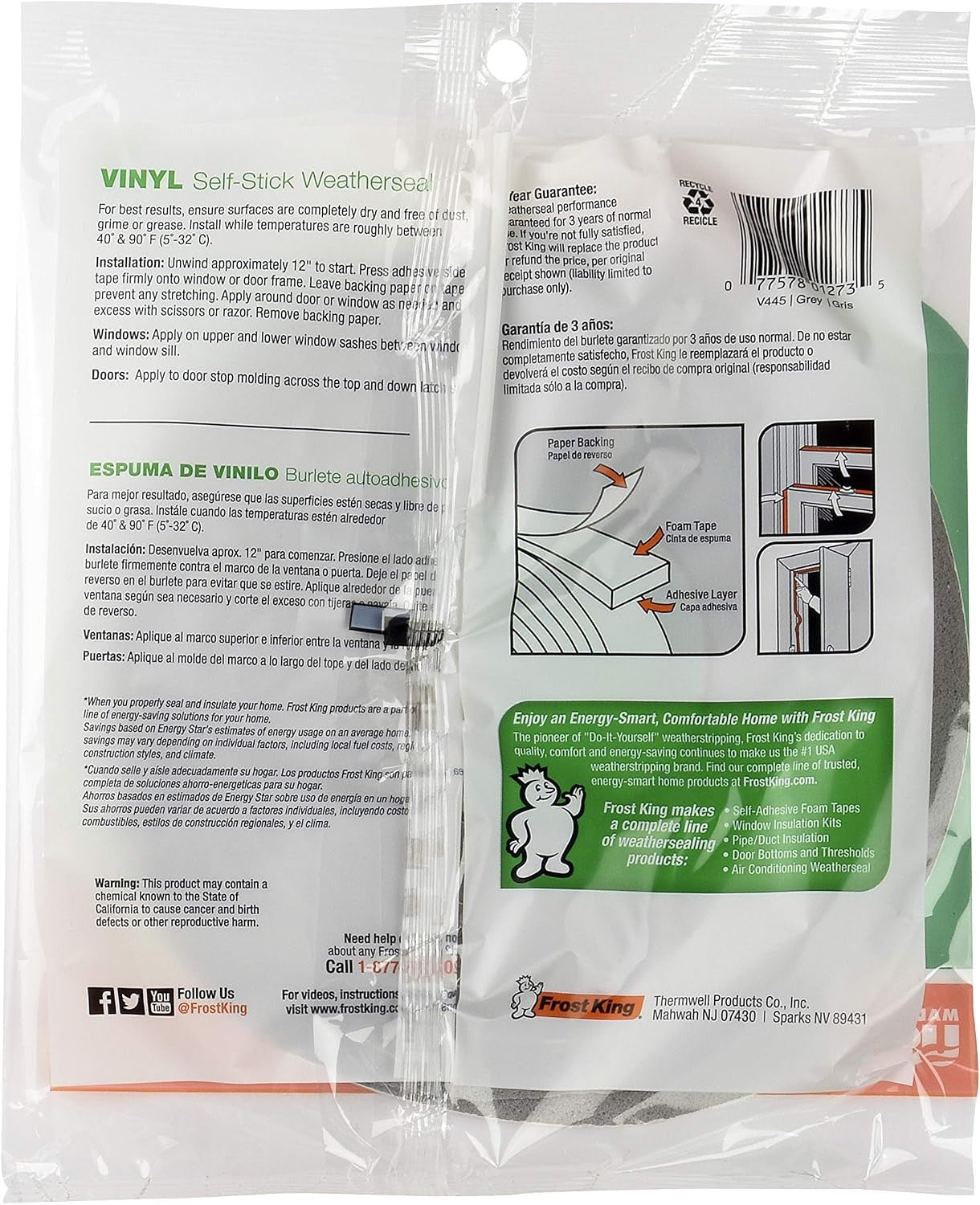 FROST KING Frost King V445H Vinyl foam tape closed cell moderate compression (1/2 in x 3/8 in x 10 ft)