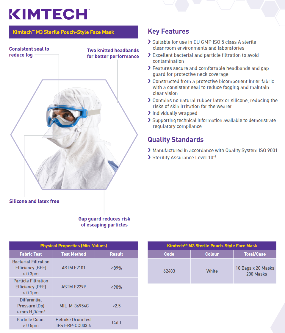 KIMBERLY-CLARK Kimberly-Clark 62483 KimTech sterile cleanroom face mask 200 per case