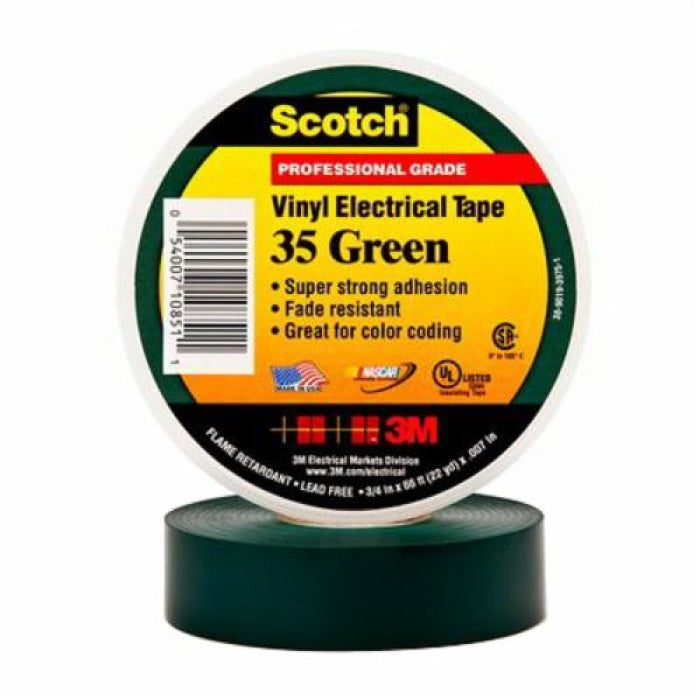 Scotch 35-1/2X20FT-GN 1-Sided Color Coding Premium-Grade Electrical Tape 20 ft Length 35-1/2X20FT-GN