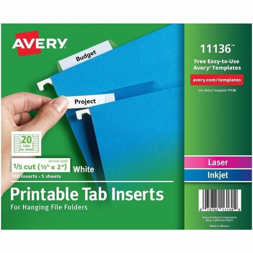 AVERY Avery AVE11136 Hanging Folder Tab Inserts 2 Inch White 100pk