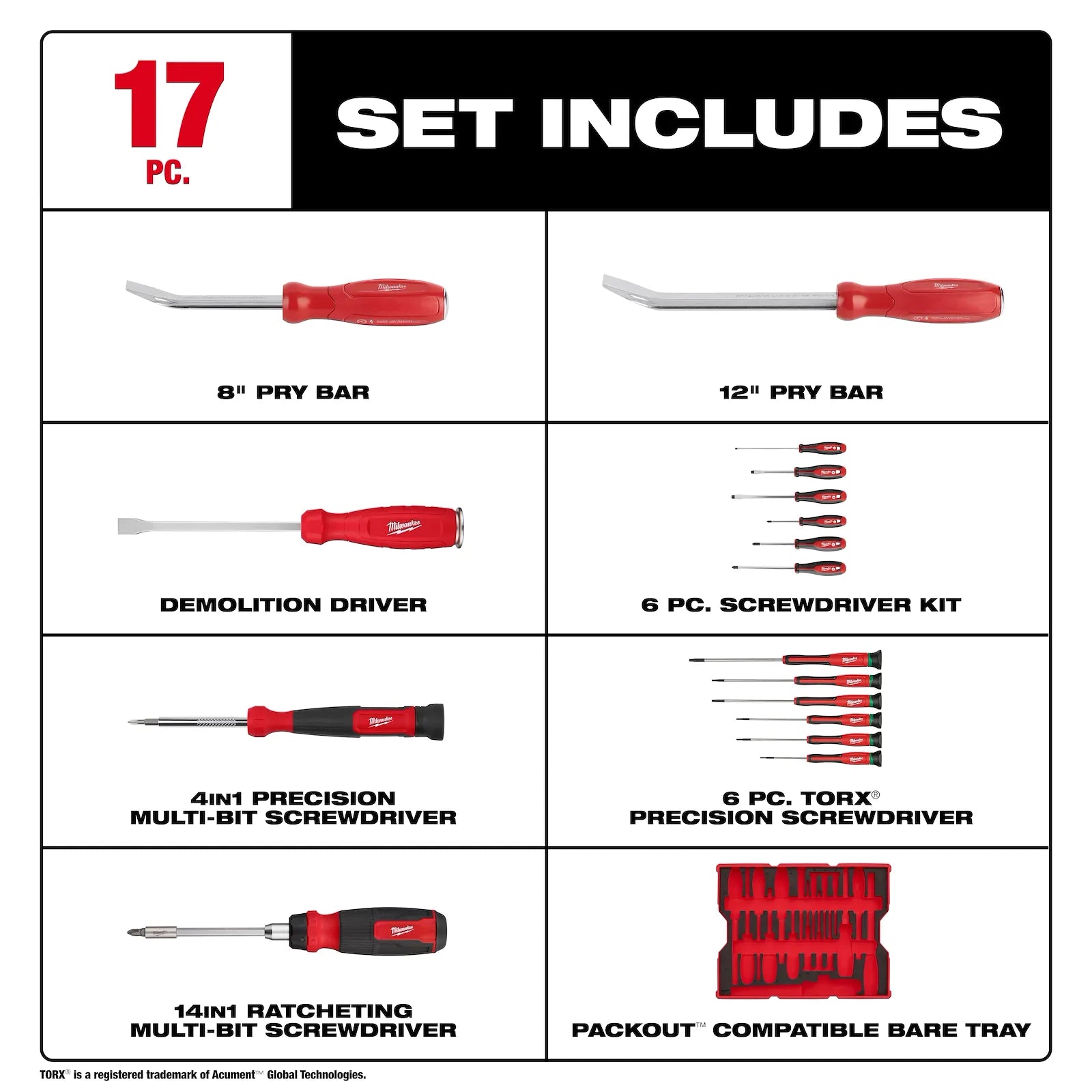 MILWAUKEE Milwaukee 48-22-0158 Screwdriver & Pry Bar Set With Tray for Packout Drawers (17-Piece)
