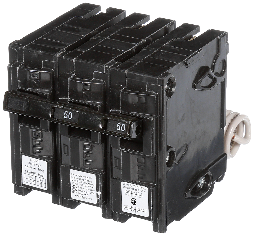 Siemens Q25000S01 2-Pole 50 Amp 120/240 VAC 10 kA 120 Volt Shunt Trip Molded Case Circuit Breaker