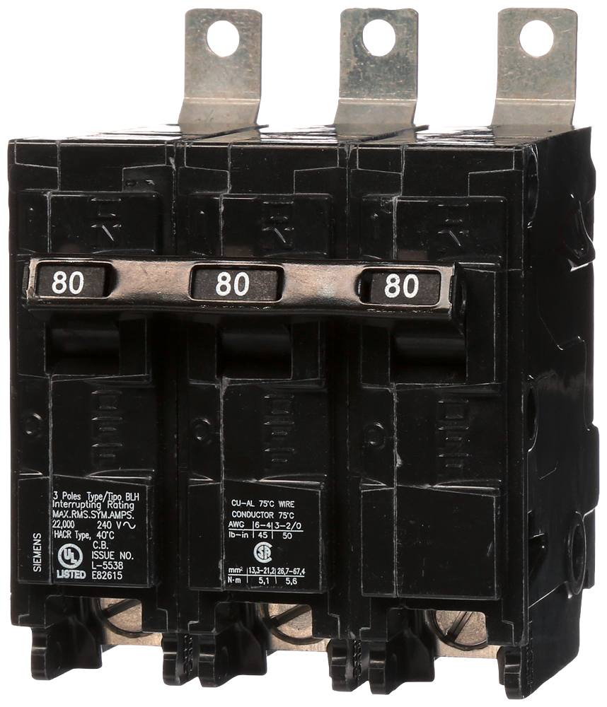 Siemens B380H 3-Pole 80 Amp 240 Volt 22 kA Bolt-On Molded Circuit Breaker