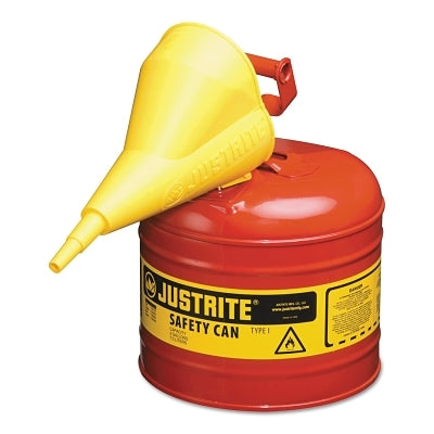 Justrite 7120110 Type I Steel Safety Can Gas 2 Gal Red Includes Poly Funnel and SS Flame Arrestor